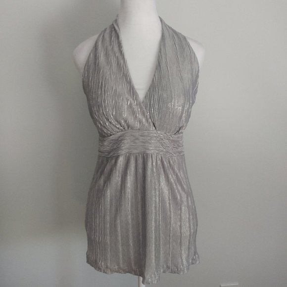 3/$25 Silver Halter Top Blouse Dressy Casual Crushed Pleats Marilyn Monroe MED - Picture 2 of 7